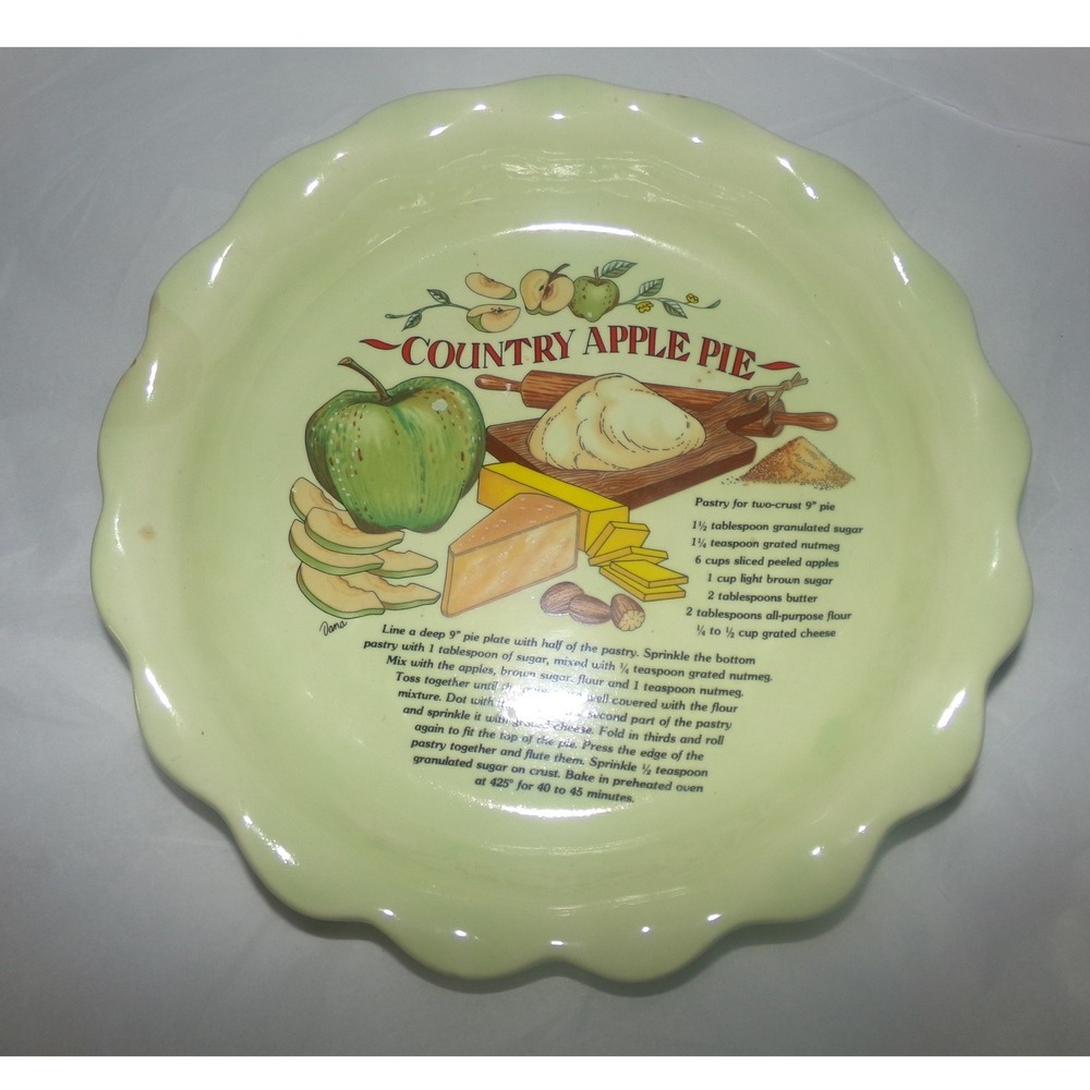 Vintage Royal China Country Apple Pie Recipe Ceramic Dish Scalloped Green 10.5"
